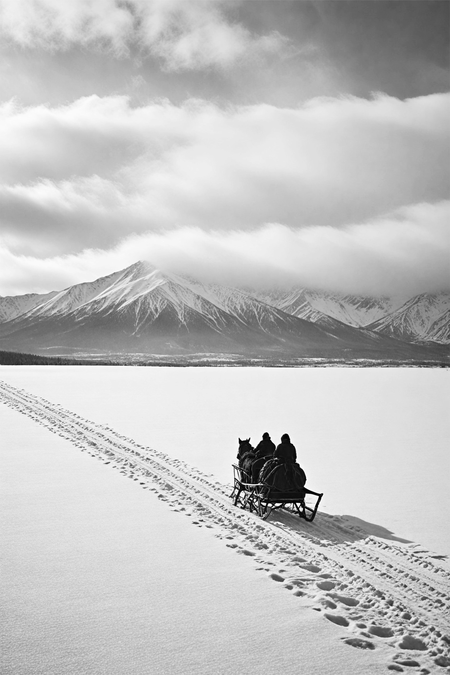 Bonaque — Journey Through the Winter Silence, fotografia a preto e branco de um trenó puxado por um cavalo na neve, uma impressão assinada de 65 € adequada como presente de Natal empresarial
