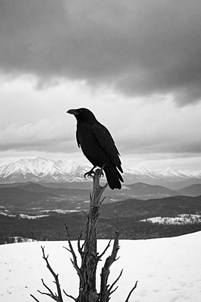 Bonaque — The Watchful Raven, uma impressão de arte fotográfica a preto e branco apresentada em leilão