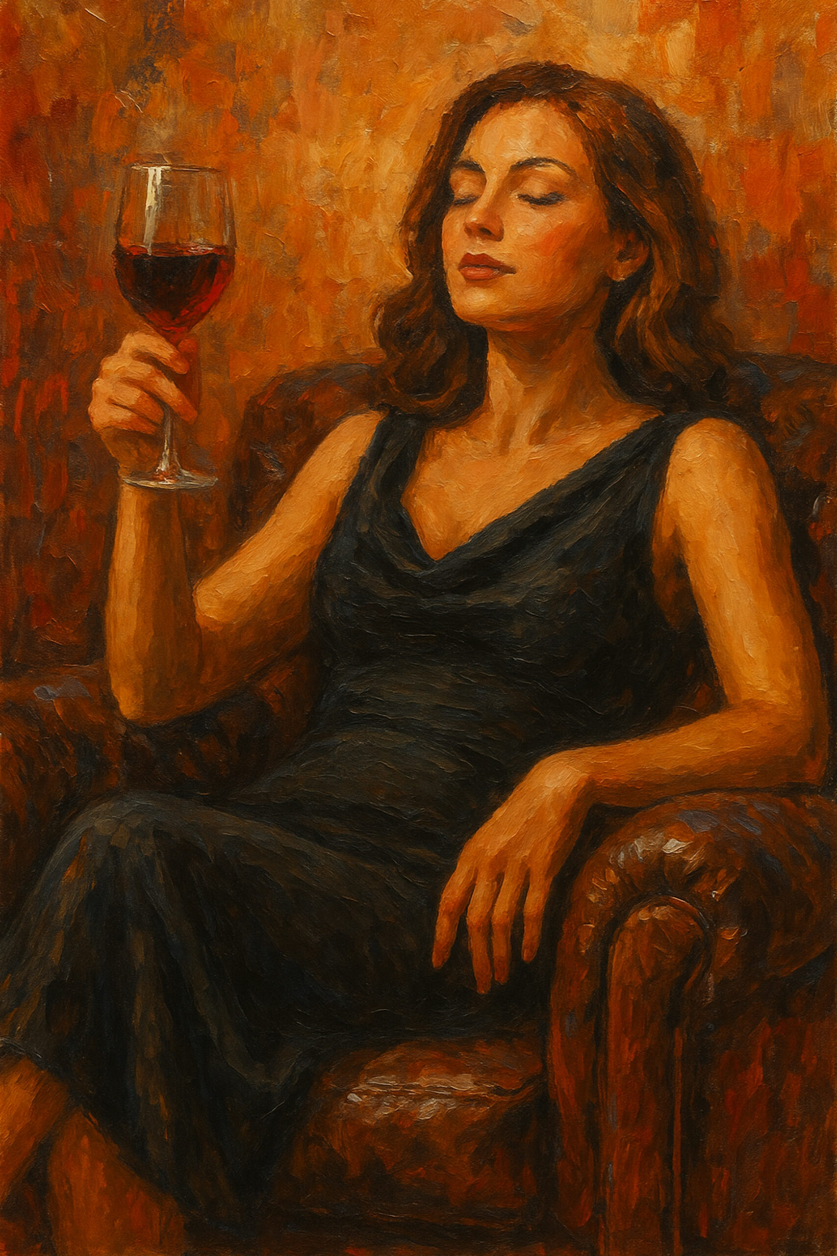 Elena Aureli — A Toast to Solitude, uma mulher num cadeirão de pele com um copo de vinho tinto, pintada em tons quentes, um quadro de parede acolhedor