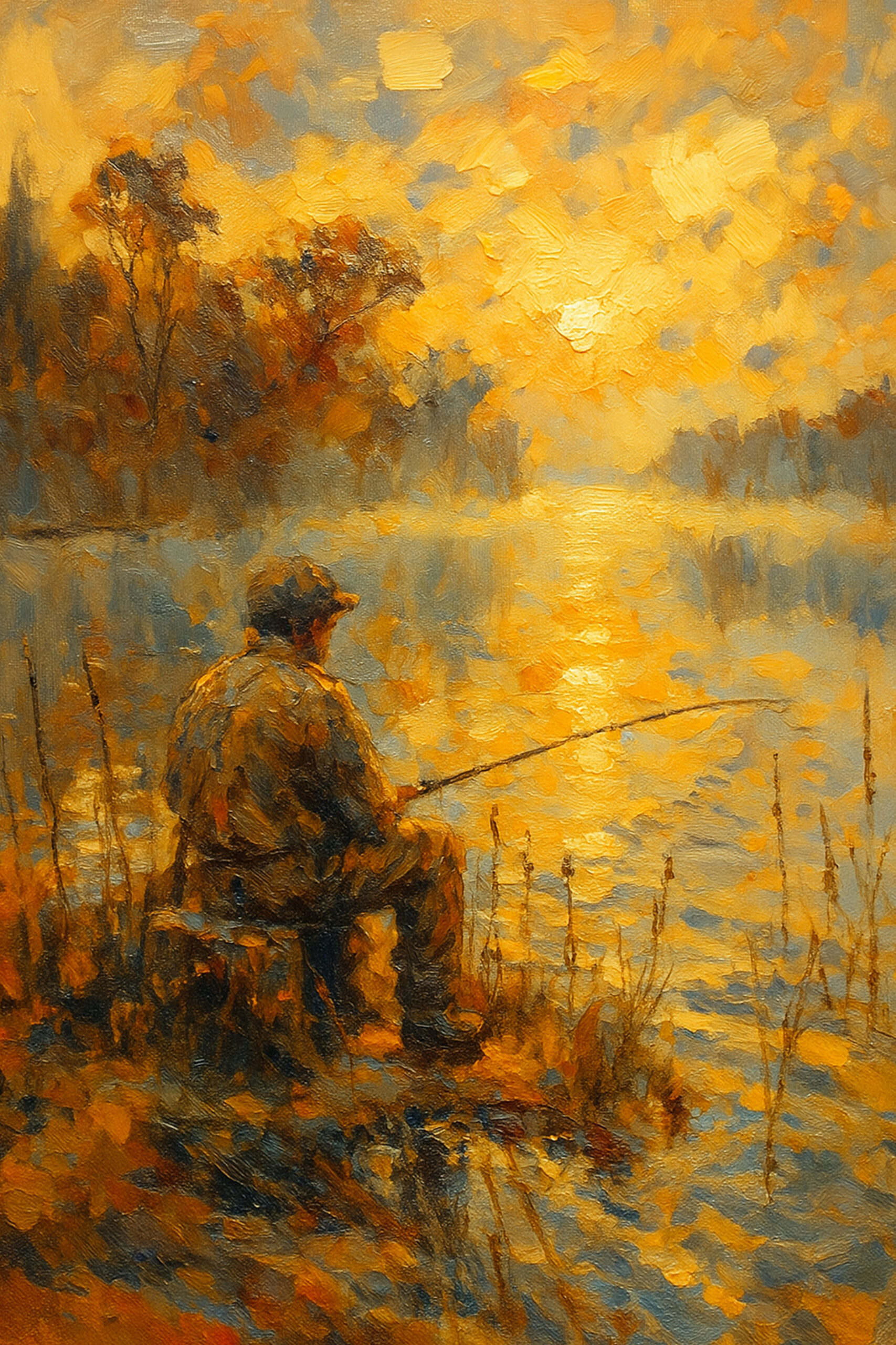 Henri des Bois — Golden Tranquility, um pescador junto a um lago ao pôr do sol em dourado e âmbar, uma impressão de arte assinada que aquece a sala no inverno
