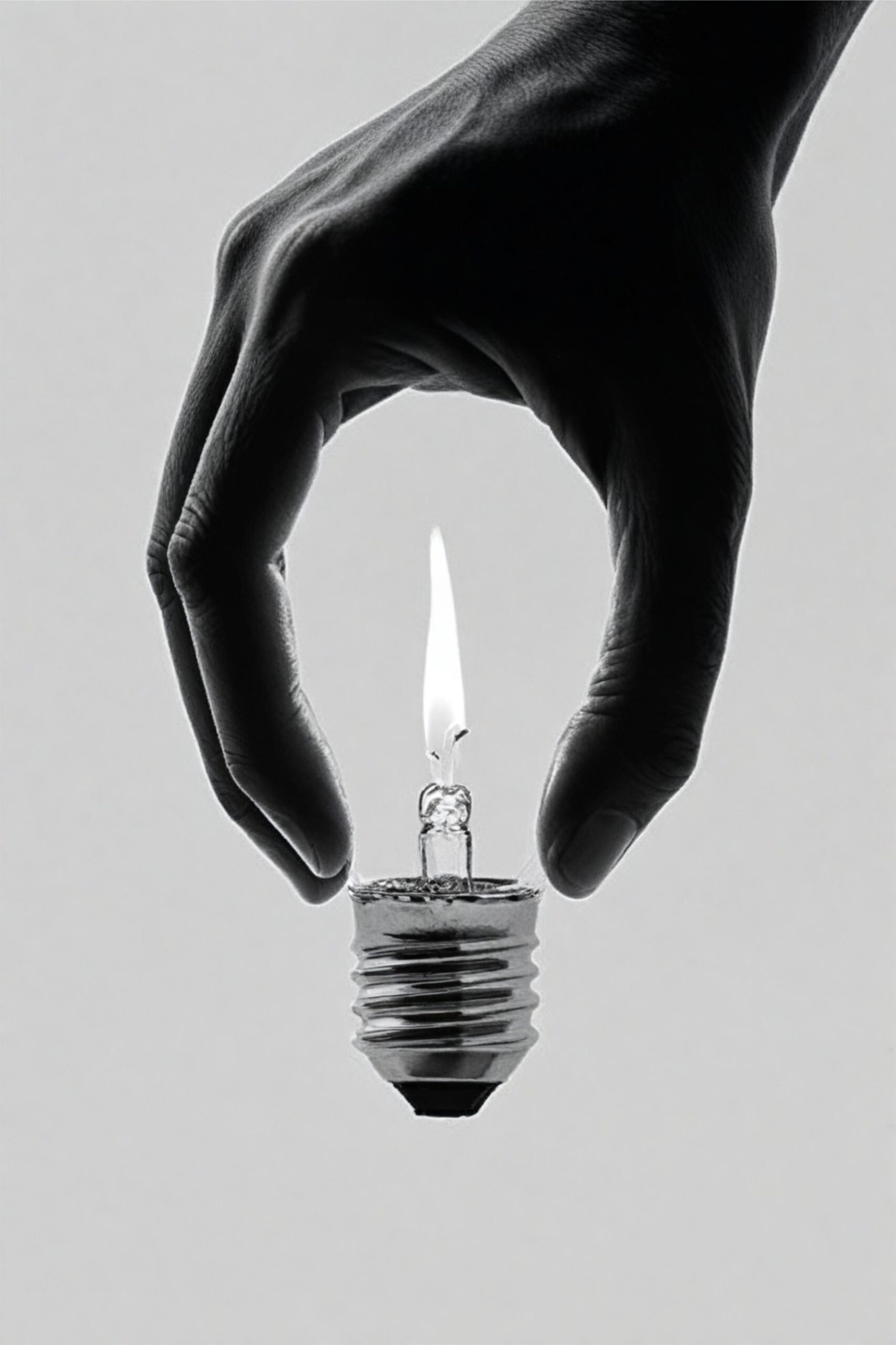 Moroz — Igniting Ideas, fotografia a preto e branco de uma mão a segurar uma lâmpada com uma chama lá dentro, uma impressão assinada de 95 € como presente para um cliente