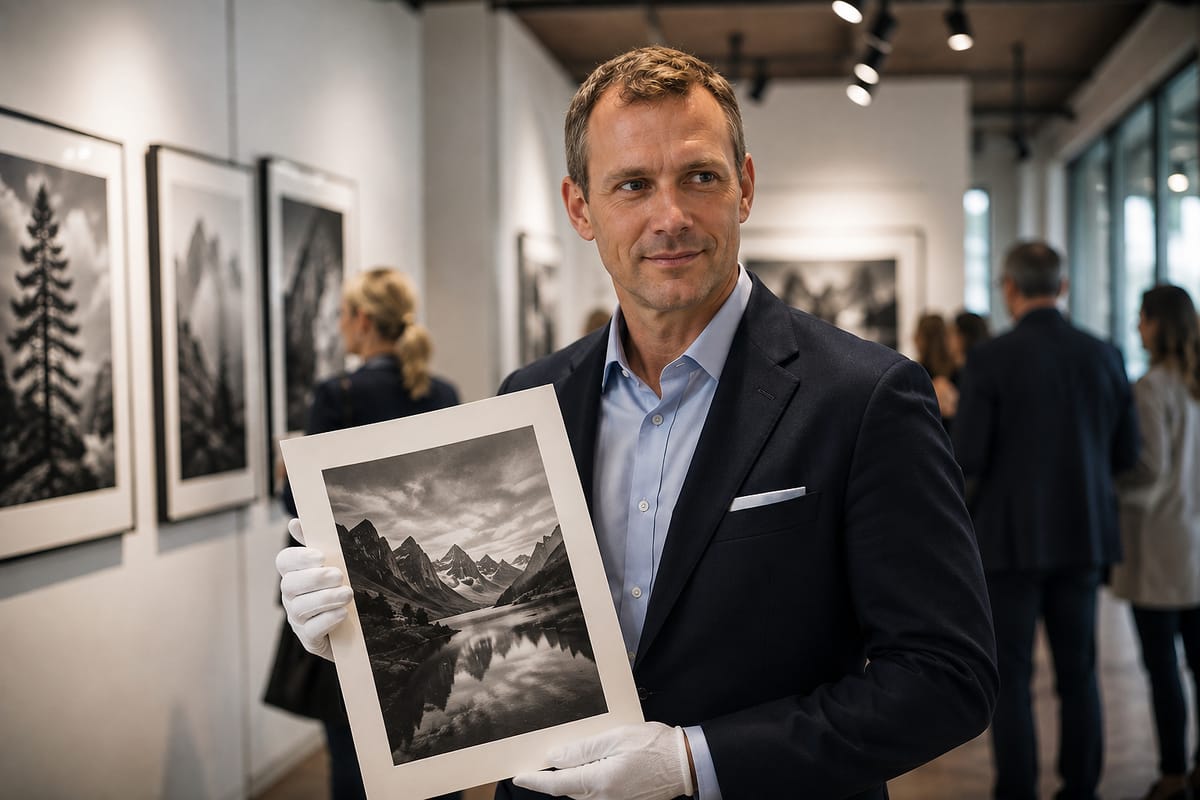 Alexander van der Meer segurando uma gravura assinada em luvas de algodão.