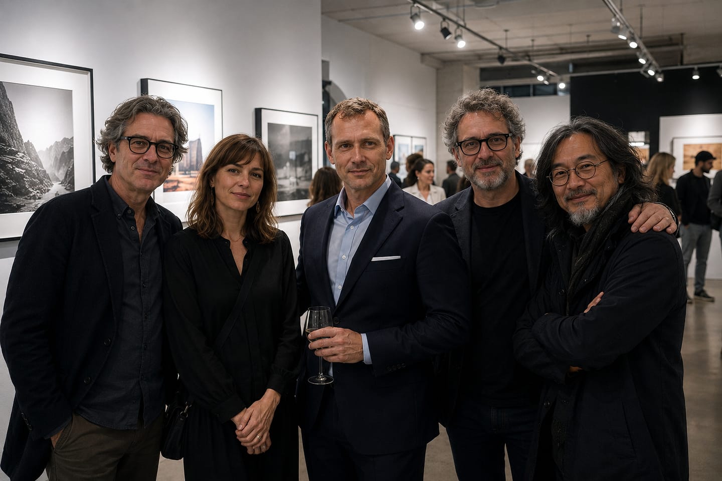 Convidados na inauguração de uma exposição de fotografia.